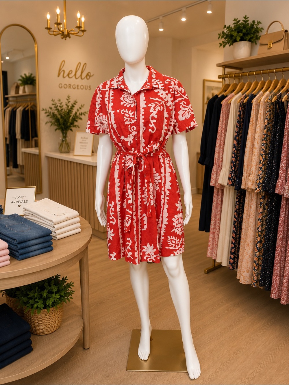 Mango Red & White Floral Tie-Waist Shirt Mini Dress